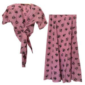Vintage Pink & Black Two-Piece Set | Maxi Skirt + Tie Front Blouse | S/M